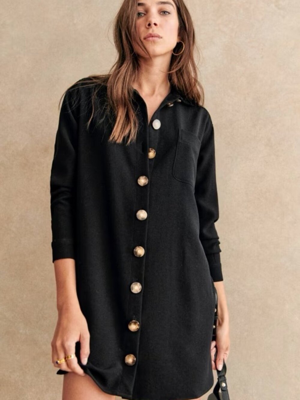 Sezane Sadie Dress Black Size 4 US 36 FR Button Front Mini Shirt Dress